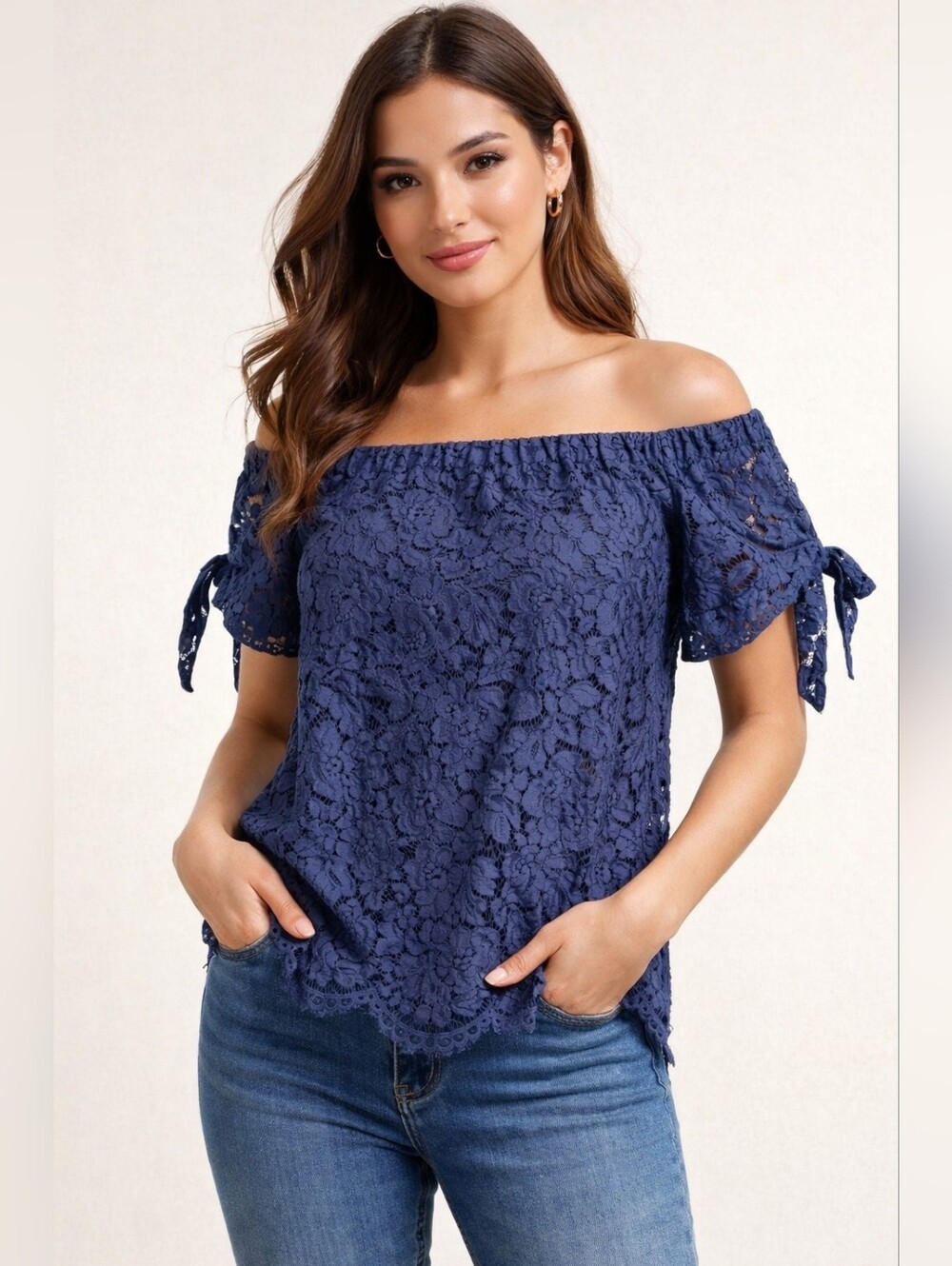 Lulus Ethereal View Navy Blue Lace Off/On Shoulders Blouse Lined XS